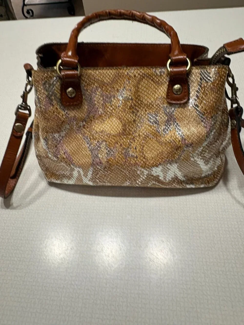 Like New Patricia Nash Satchel/Crossbody in Metallic Python Tan